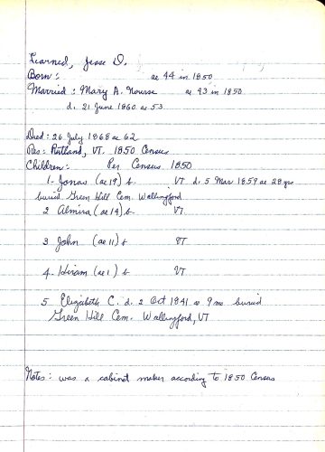 LEARNED, Jesse D. (b.1806 d. 1868) 1 NOURSE 1850 Rutland Census